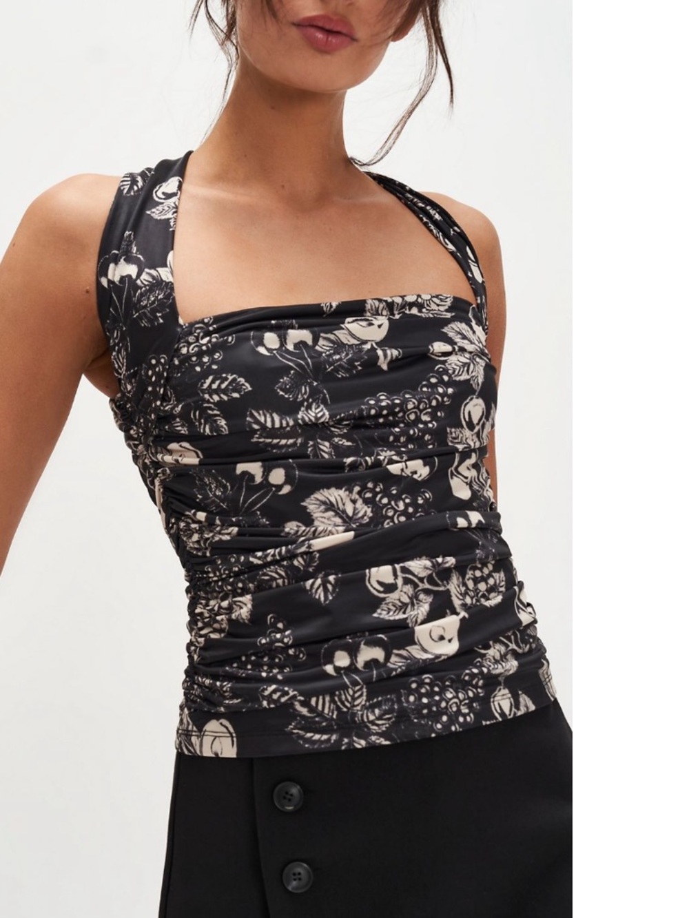 FREE PEOPLE TOMMIE RUCHED SATIN FLORAL HALTER TOP BLACK IVORY LARGE